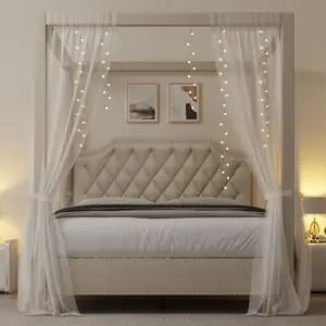 【GARVEE】Upholstered Canopy Bed Frame Queen Size with headboard, Button Tufted, Nailhead Trim Design, No Box Spring Required, Beige
