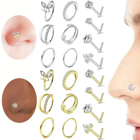 10pcs Fashion Women Stainless Steel Body Piercing Jewelry Set Sexy Butterfly Exquisite Shiny Cubic Synthetic Zirconia Nose Studs Chic Heart, Round Geometric Piercing Golden/ Silvery Nose Rings Studs Earrings Set Versatile Daily Wear & Party Jewelry