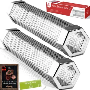 Pellet Smoker 12" Set of 2 Stainless 304 Hexagon Shape for Hot Cold Smoking 5 Hours of Billowing Smoke Ideal for Any Grill or Smoker Includes Free eBook Grilling Ideas & Recipes