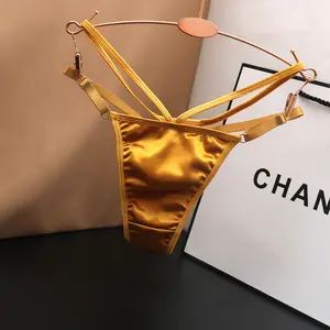 Sexy Satin Smooth Underwear for Women Low Waist Seamless Hollow Solid Color Thong with Adjustable Cotton Crotch