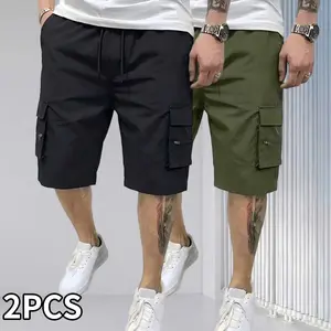 Men’s 2-pack cargo shorts with multiple pockets—summer casual drawstring-waist cargo shorts with letter patches, flap pockets, a loose fit, and a trendy outdoor hiking design.