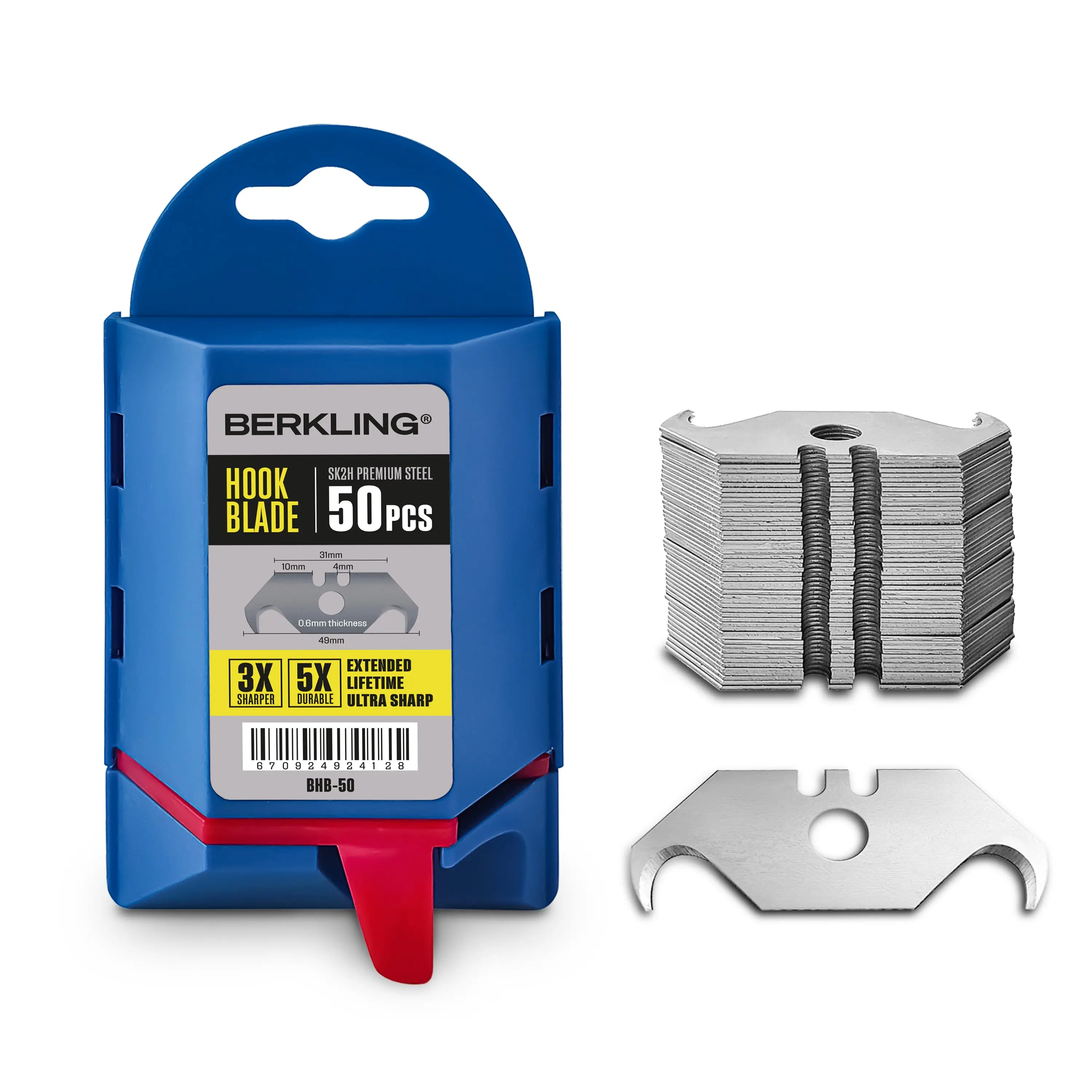 Berkling SK2H Hook Blade Box Cutter Refills, 50-Pack with Dispenser, Blade Tools for Home Office & Roofing (Drywall, Carpet, Cable Cutting), Box Cutters