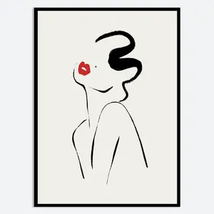 Single Line Girl Drawing Poster, Minimalist Woman Figure Sketch Line Art , One Line Modern Girl with Red Lips Silhouette Line Art Print, Room Decor, Unframed – 5 Size, 8x12 to 27x40 inch
