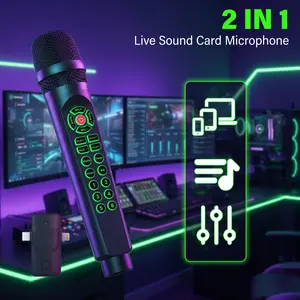 2in1 Handheld Live Sound Card Microphone with Reverb Voice Changer Noise Reduction DJ Disco Audio Mixer for Smartphone Android iOS iPhone PC Xbox Mixing Console for Broadcasting Living Singing Recording Gaming YouTube TikTok