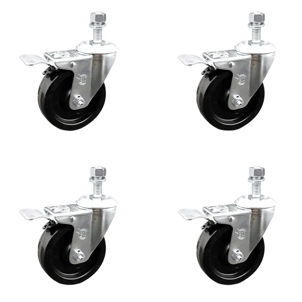 Service Caster SCC-TSTTL20S414-PHR-M1215-4 Commercial Phenolic Swivel Threaded Stem Casters (Set of 4), 4x1.25in Black Wheels, 12mm Stems, Total Lock Brakes, Roller Bearings, Impact/Chemical-Oil Resistance, for Material Handling Carts/Shop Projects, 4 Wit