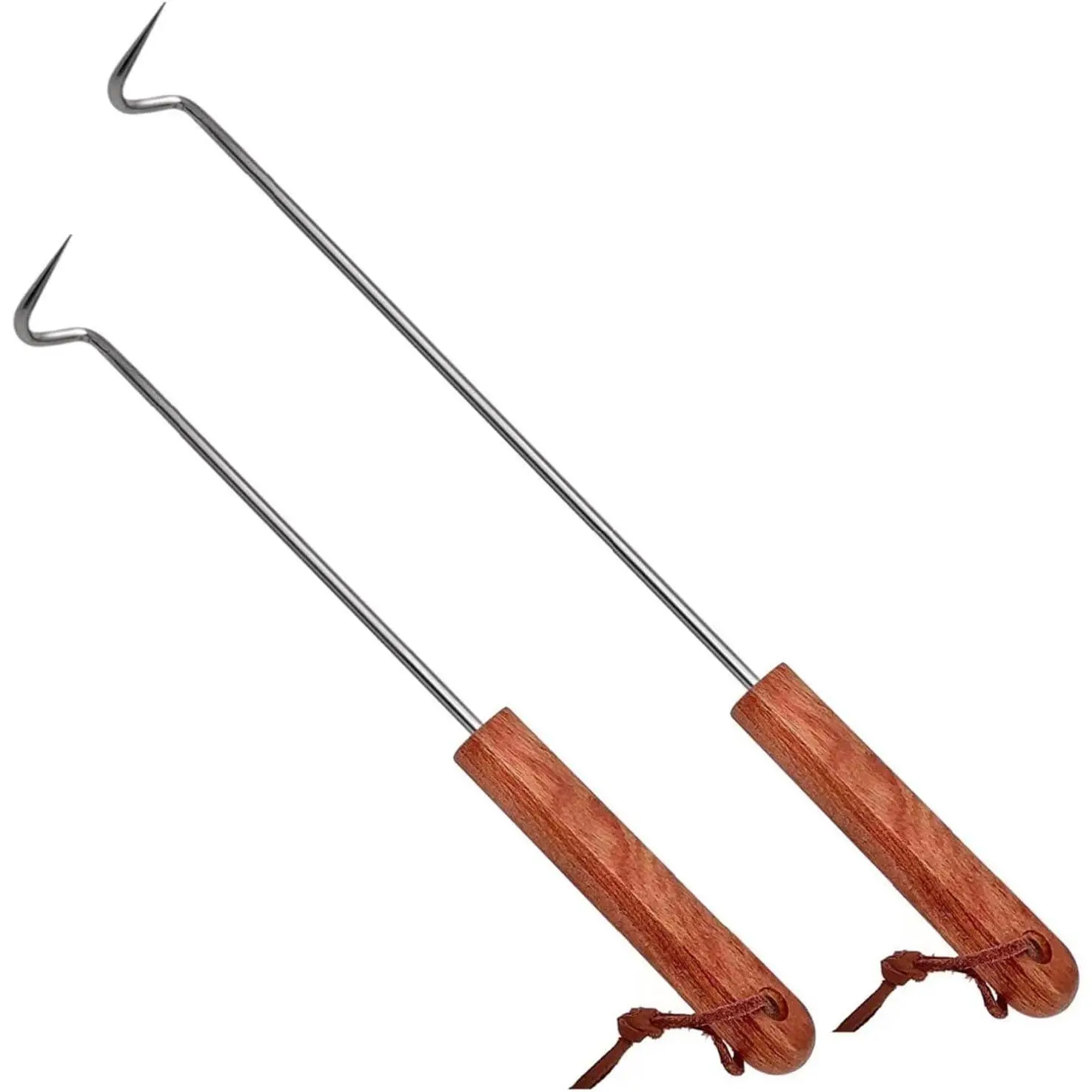 Stainless Steel BBQ Flipper Turner Hooks with Leather-Accented Wooden Handles, 2-Piece Metal Rack-Compatible Indoor Grilling Utensils (17.5 in, 12.5 in)