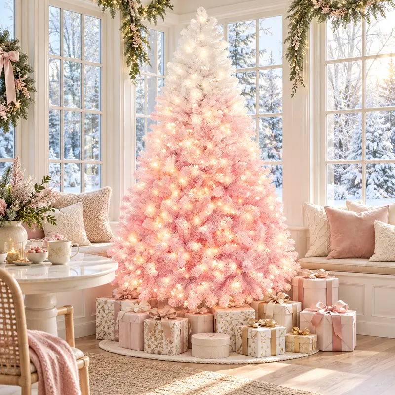 【 All Pink 】 Yaheetech Fluffy Pre-lit Artificial Christmas Tree (4.5/6/7.5/9ft), Hinged Fir Tips, Incandescent Warm Lights, Metal Foldable Standing Base, Art Deco Holiday Home Decor Ornaments