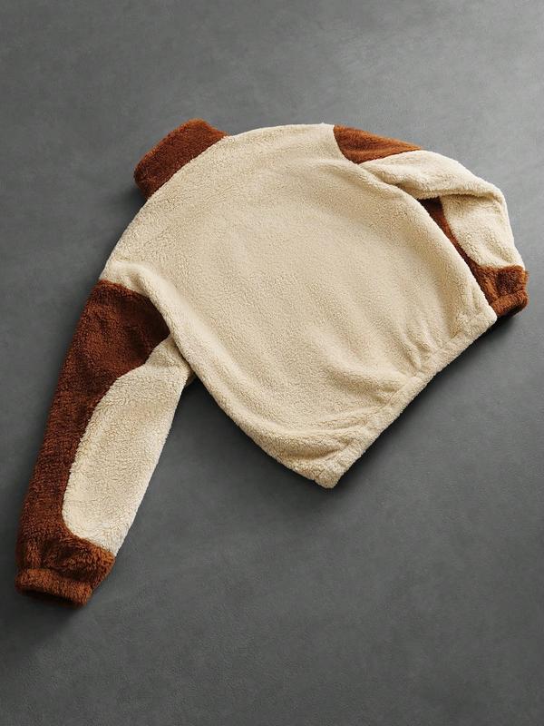 Men's Vintage Color Block Fleece Jacket, Half-Zip Stand Collar, Cozy Warmth for Casual Street Style, Perfect for Spring & Fall