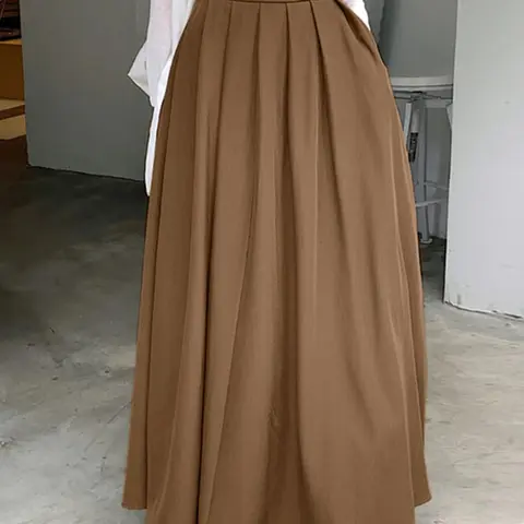 Women's Solid Pocket Zipper High Waist Pleated Skirt, High Waisted Skirt, Casual Fashion A Line Long Skirt for Daily Wear, Ladies Bottoms for All Seasons