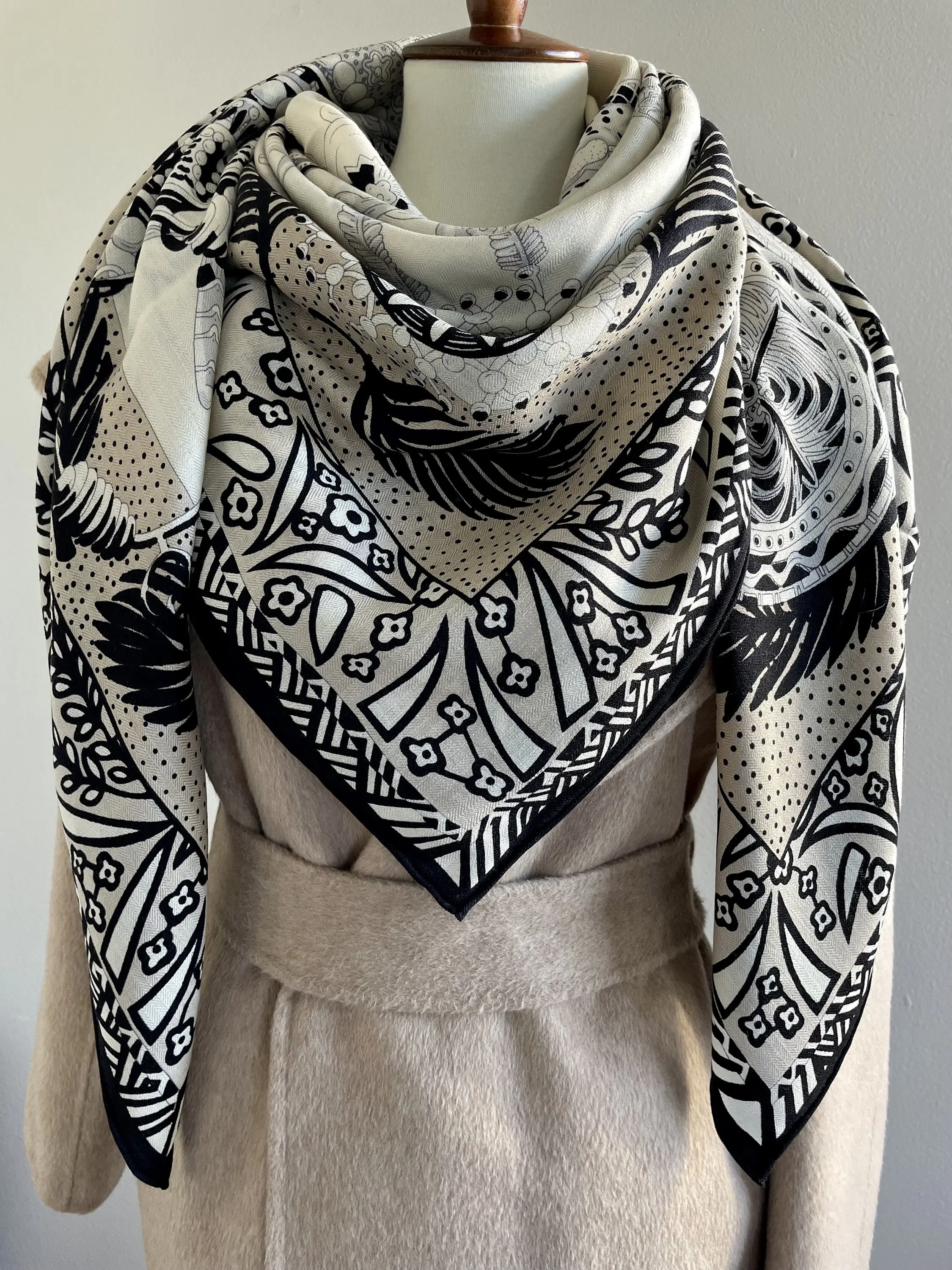 Wool Silk Luxury Extra Large Scarf Square Shawl Wrap 55x55”140x140cm “Egypt Treasures” Beige Black Head Hair Scarf All Season Gifts