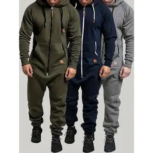 Set of 1 - Men's Hooded Fleece Lined Jumpsuit, Long Sleeve Full Zip Jumpsuit with Kangaroo Bag