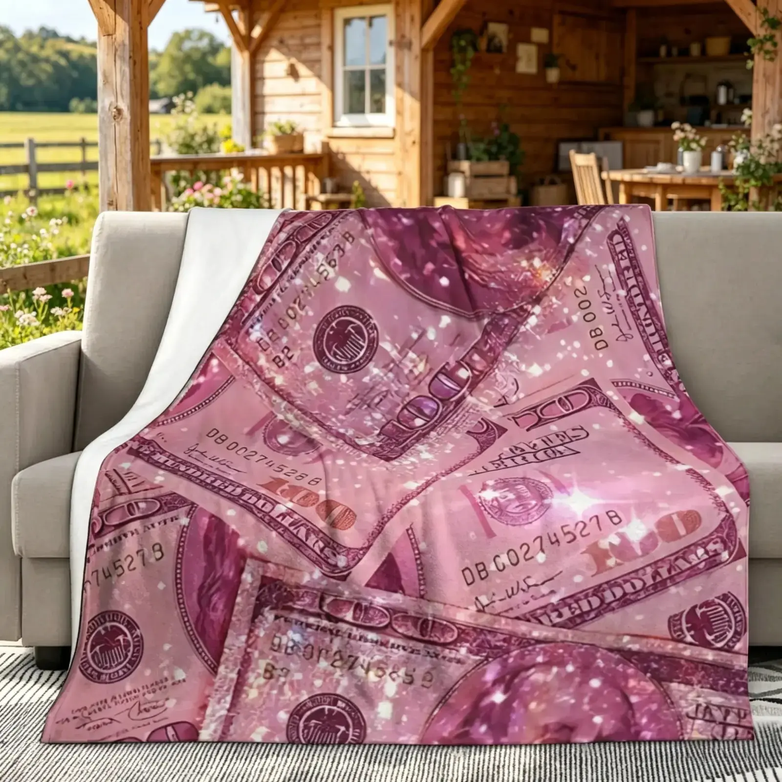 Pink Currency Print Flannel Throw Blanket - Cool, Aesthetic Soft Cover for Indoor Use, Versatile Dorm/Sofa Decor, Trendy Back-To-School Essential Gift
