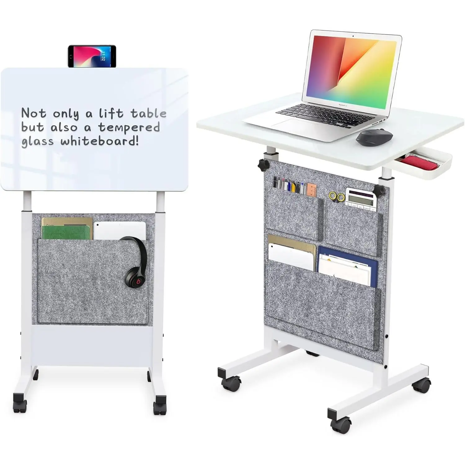 Adjustable Height Standing Desk, Writable Tempered Glass Desktop with Eraser, 360 °   Flip, Wheels and Bag– Ideal for Small Spaces and Home Offices, 24 in, White(Adjustable Height: 32-47 in)