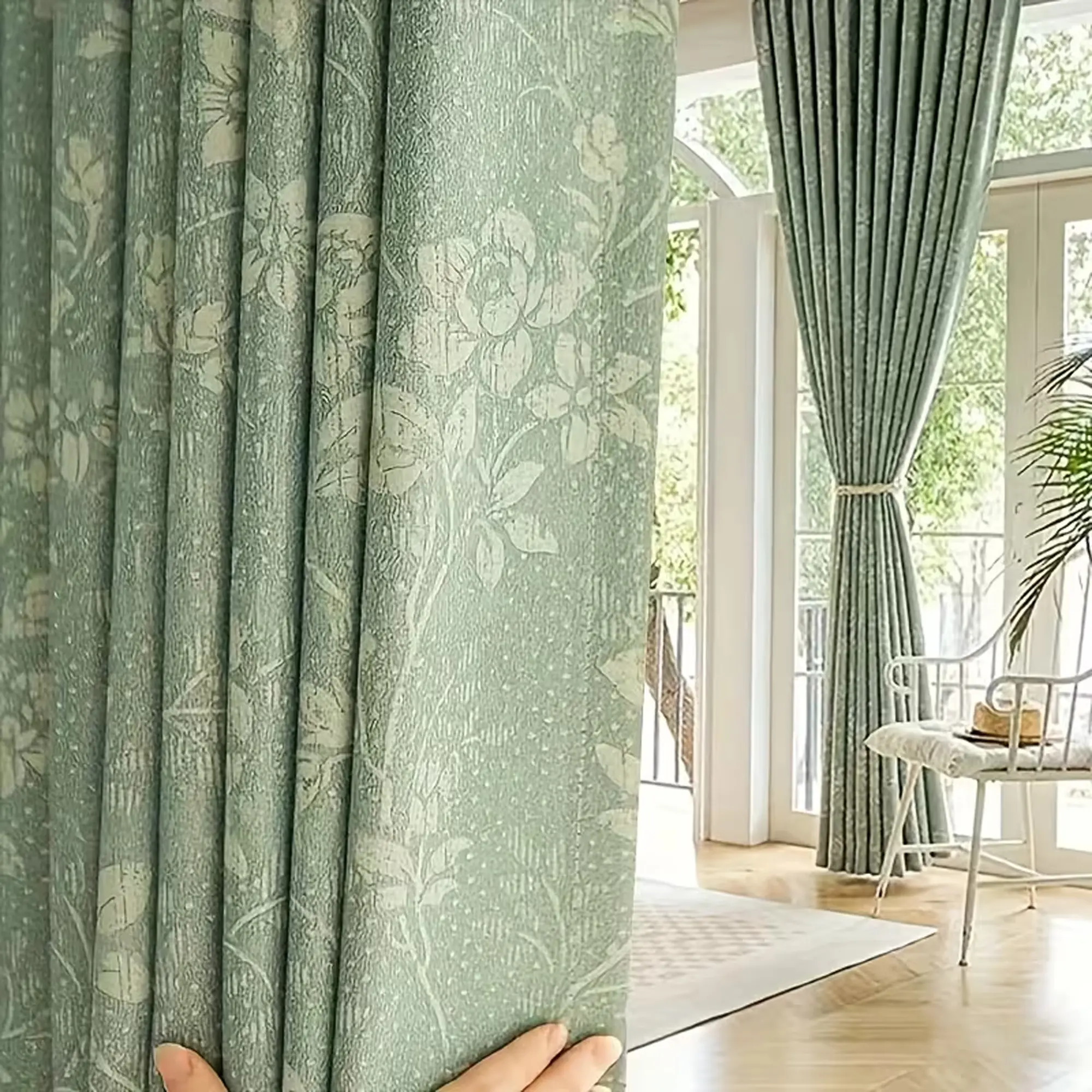 1pc French Vintage Chenille Curtain, Mint Embroidered Texture, High Light Blocking Noise Reducing, Master Bedroom Secondary Room Soft Decor, Blackout Curtains