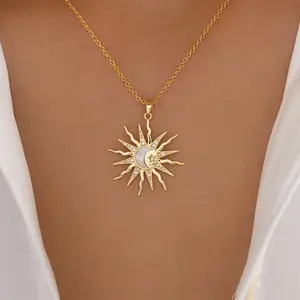 Women's Long Chain Alloy Sun Necklace with Star-Moon Diamond-Inlaid Pendant, Minimalist Fashion Engagement Jewelry for Summer Vibes, Necklaces For Women, Long Necklaces
