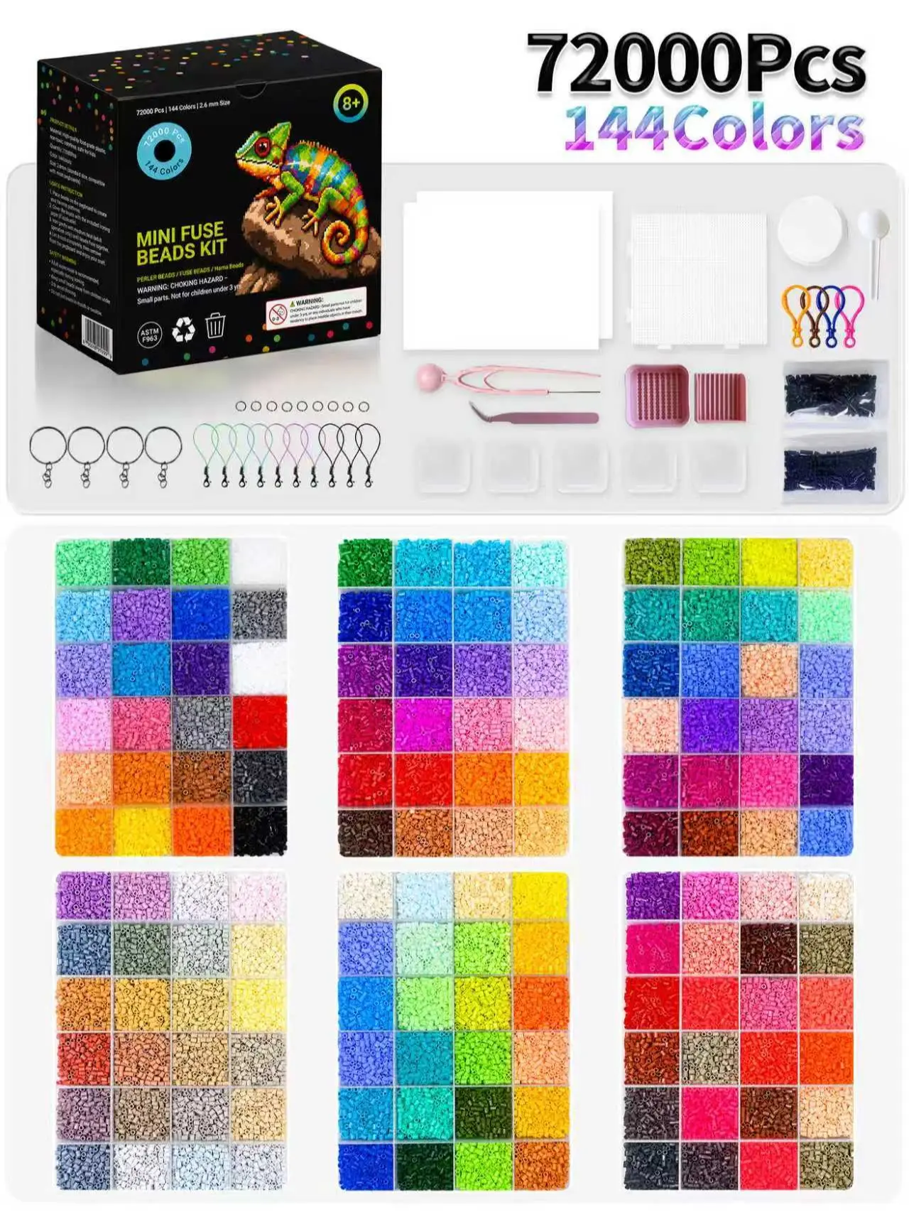 Fuse Beads Kit 72000 Pcs 144 Colors 2.6mm - DIY Pixel Art Craft Set with Pegboards, Ironing Paper, Tweezers & Patterns, Perfect for Jewelry Making, School Projects & Home Decor, Christmas Birthday Gift for Kids Teens Adults