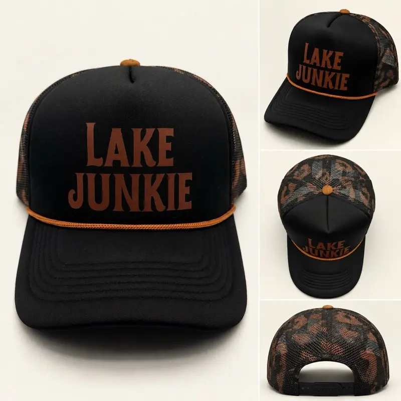 It's Lake Time, lake junkie Trucker Hat for Men and Women - Trendy Summer Snapback with leopard Design and rope mesh hat