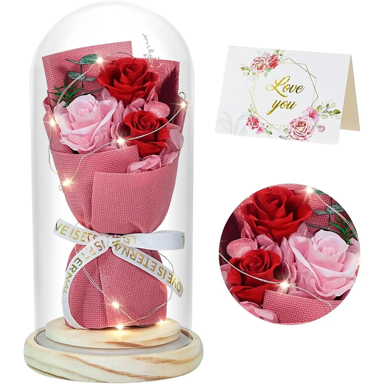 Preserved Red and Pink Rose Bouquet in Glass Dome with Light - Home Decor Gift for Valentine’s Day, Anniversary