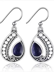 Natural 6*9MM Drop-Shaped Blue Sandstone Teardrop Earrings, 925 Silver Plated Pendant Earrings for Women Gift Retro Ear Jewelry