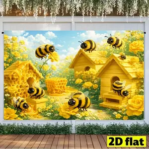 2D Flat 1PC Polyester Banner, Cartoon Bee Theme Design, Cute Bees, Honeycomb & Yellow Flower Field with Spring Background, Fresh Childlike Style, Ideal for Bee Themed Party, Kids Birthday, Kindergarten Event, Indoor Outdoor Decor, Durable Fabric,