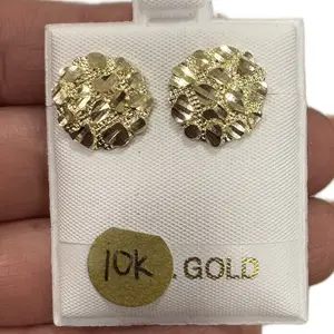 10k Solid Gold Round Nugget Earrings, 13.5mm Size