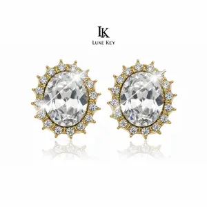 Oval Halo Stud Earrings – Vintage Gold Design with Clear or Black Center Stones