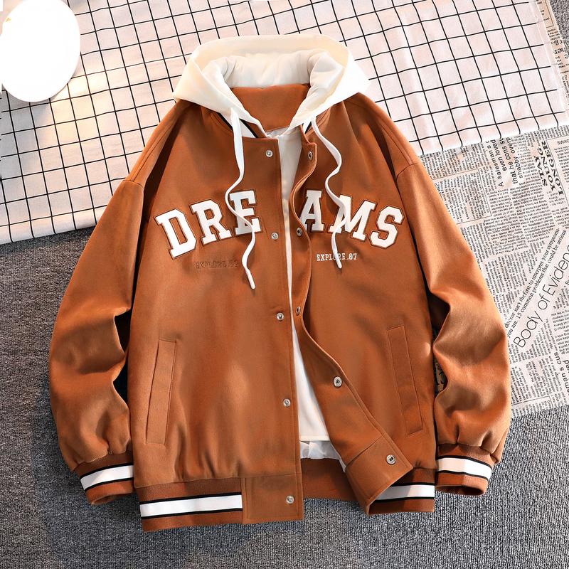 A hooded letter jacket, featuring a casual and simple style. The hooded design is sleek and elegant, while the overall design is practical and versatile. The letter embroidery adds a touch of sophistication, and the striped accent at the cuffs completes t