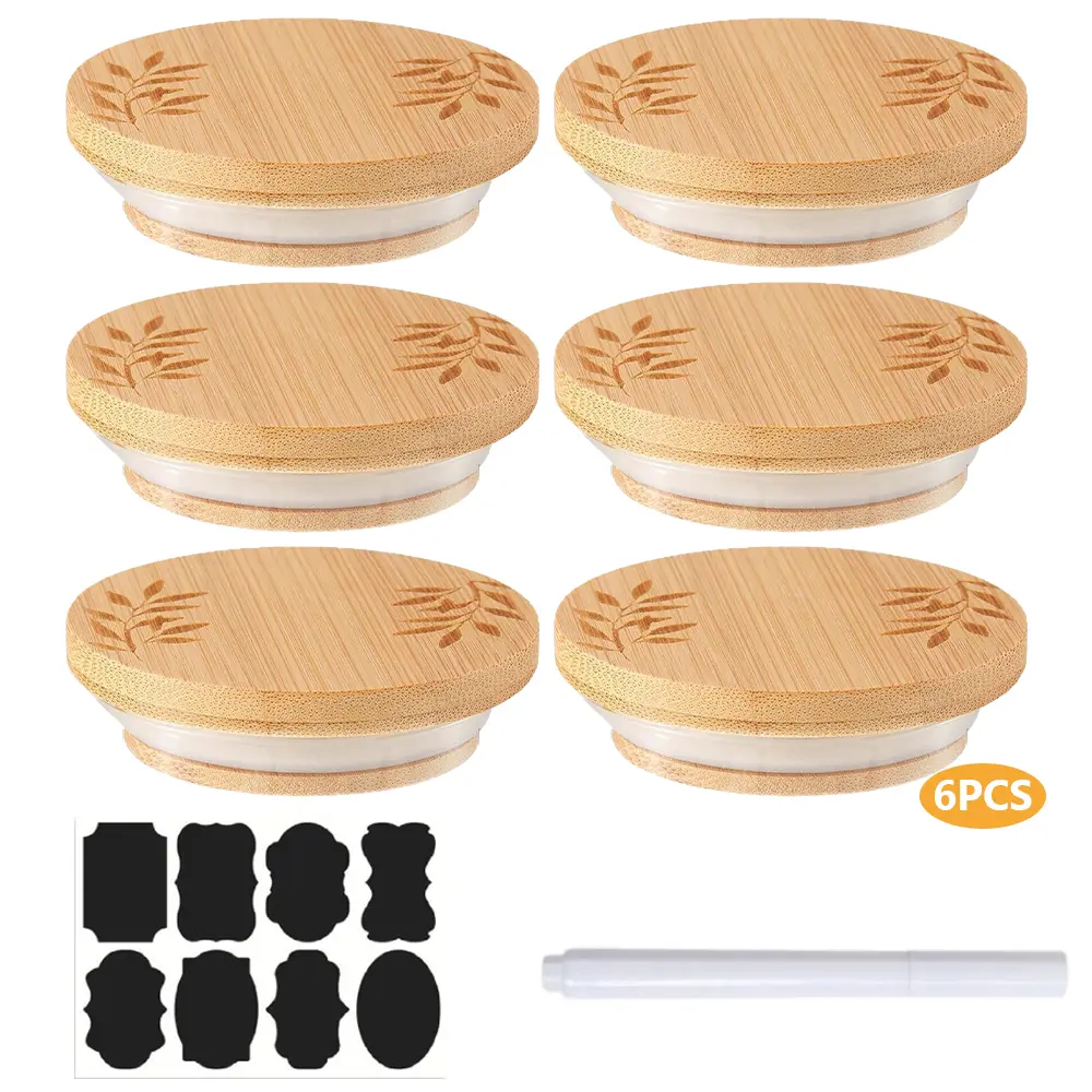 6-Piece Bamboo Jar Lid Set - Natural Look Bamboo Caps with Silicone Sealing Rings, Leaf-Carved Design, Label Stickers & Pens for Home Cooks' Kitchen Storage