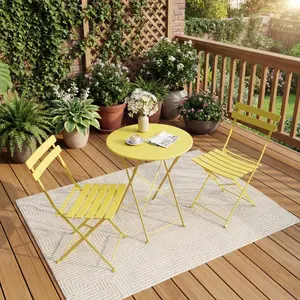 Folding Bistro Set Outdoor Patio Furniture, 3-Piece Foldable Table and Chairs with Heavy-Duty Steel Frame, No Assembly Required for Garden, Balcony, Backyard, Yellow