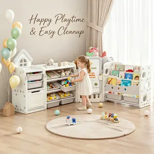 Kids Toy Storage Organizer with 10 Removable Bins, Foldable Toy Organizers and Storage with 3-Tier Bookshelf for Kids Toy Storage Organizer with Drawing Board, Extra 3 Brushes Organizing Room