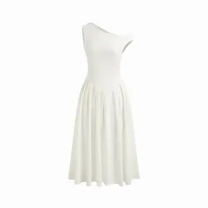 Cider Asymmetrical Neck Pleated Ruffle Maxi Dress