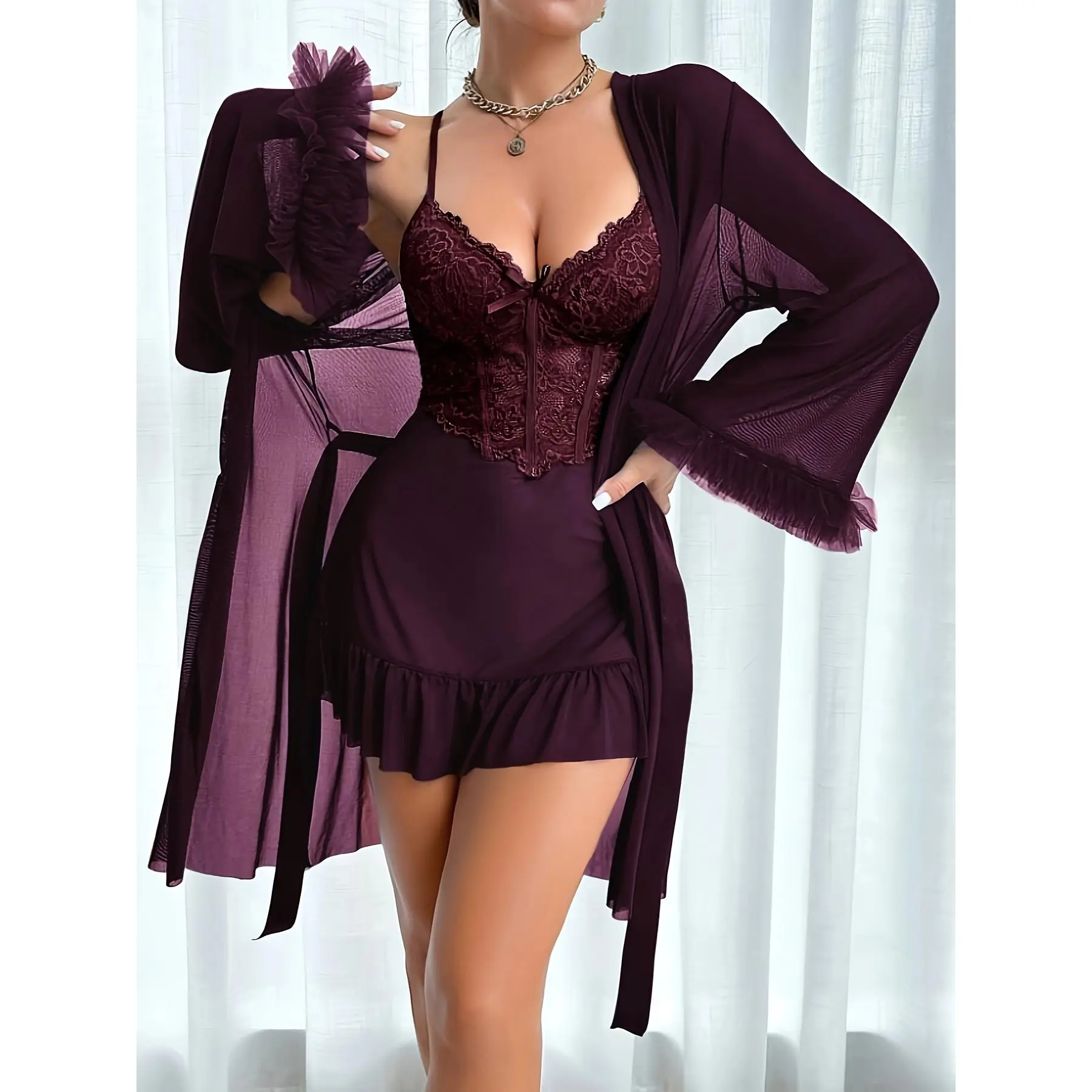 Women's 2-Piece Plain Solid Knit Pajama Loungewear Set - Elastane Off-Shoulder Nightgown with Lace Trim, Wide-Sleeve Robe, All-Seasons Elegant Sleepwear