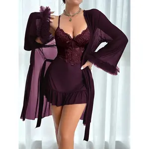 [Elegant Nightgown] Elegant Comfortable Women's Mesh Lace Nightgown + Wide Sleeve Robe Pajama Set
