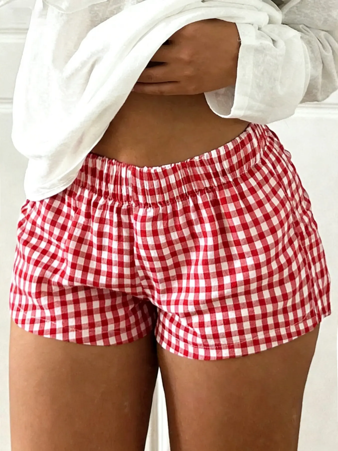 Women's Plaid Checkered Casual Summer Elastic Waist Baggy Loose Fit Shorts for Home & Outdoor Wear