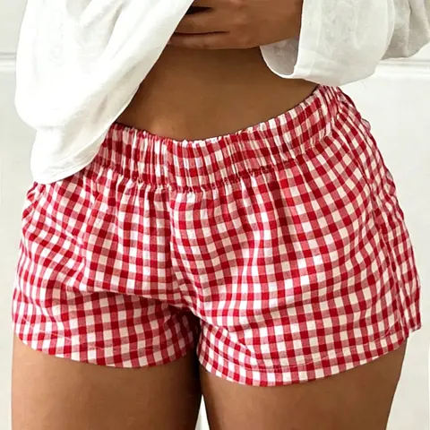 Women's Plaid Checkered Casual Summer Elastic Waist Baggy Loose Fit Shorts for Home & Outdoor Wear