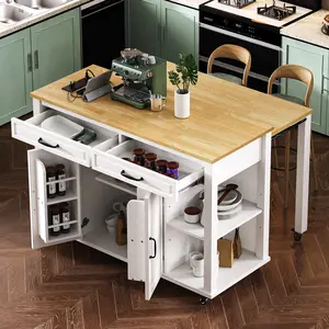 SAVEYOUR  Premium 47" White Kitchen Island, Expandable Dining Table Seats 2-4, Natural Rubber Wood Veneer Countertop, Multi-Port Power Station, Large Storage with 2 Drawers & 2 Cabinets, Mobile Design for Small Spaces