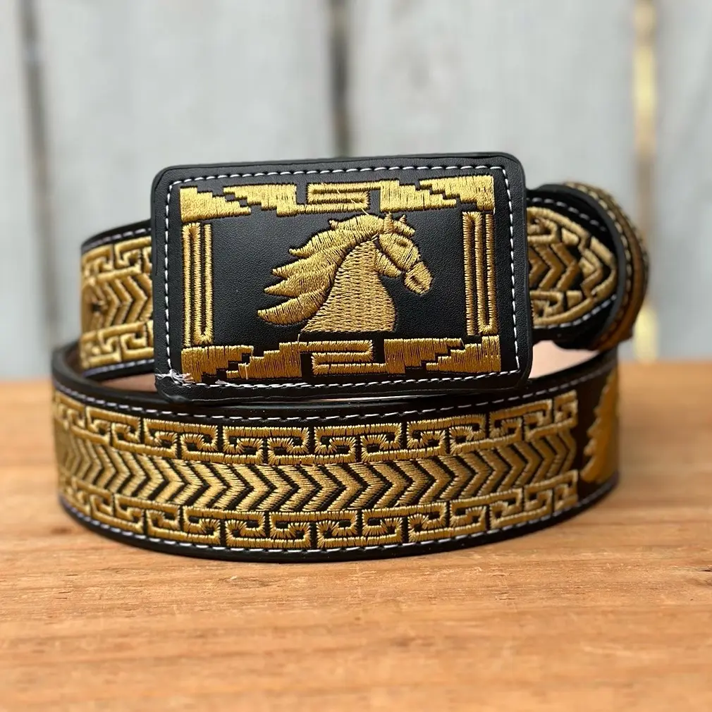 Black and Golden  “Horse” Embroidered Belt with Rectangular Buckle - Western Belts for Men