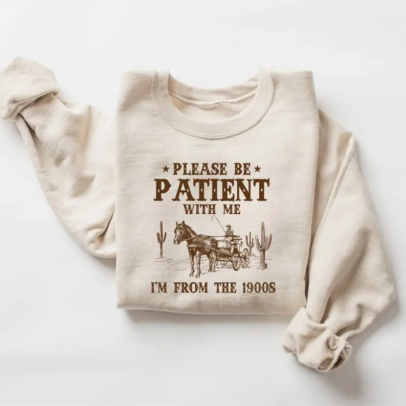 Retro 1900s Graphic Sweatshirt for Women, Cute and Funny Cotton Long Sleeve Crew Neck Casual Pullover, Round Neck, Funny Text, Graphic Print, Retro Cute, Fitted, Longsleeves, Tops, Medium Length, Soft Cotton, Made-To-Order, Fitted Shape Flatters Without B