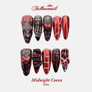 Fullovenail Stiletto 10 PCS Midnight Coven Handmade Press on Nail REUSABLE 3D Gel Fake Nails Acylic Press on Nail/Christmas Autumn Fall Winter Peret 2025