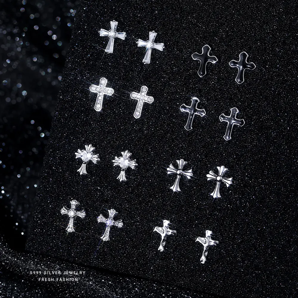 S999 Pure Silver Statement Cross Earrings - Korean-Style Sweet and Cool White Cross Motif Unisex Fashion Versatile Costume Jewelry, Fashion Versatile Trend