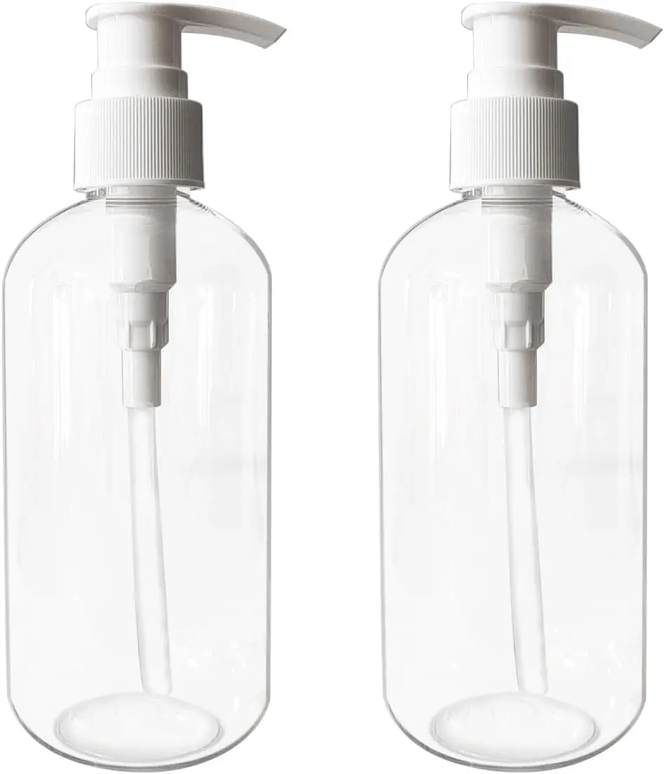 8 oz Transparent/White Sturdy Multi-Function Soap Dispenser Set, 2-Pack Empty Refillable Plastic Bottles with Pump for Wash, Moisturizer, Cream