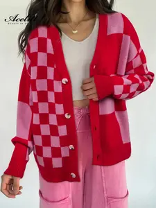 Acelitt Winter Daily Acrylic Plaid Colorblock Button Front Long Sleeve Knit Cardigan, Casual Fashion Outerwear for Women