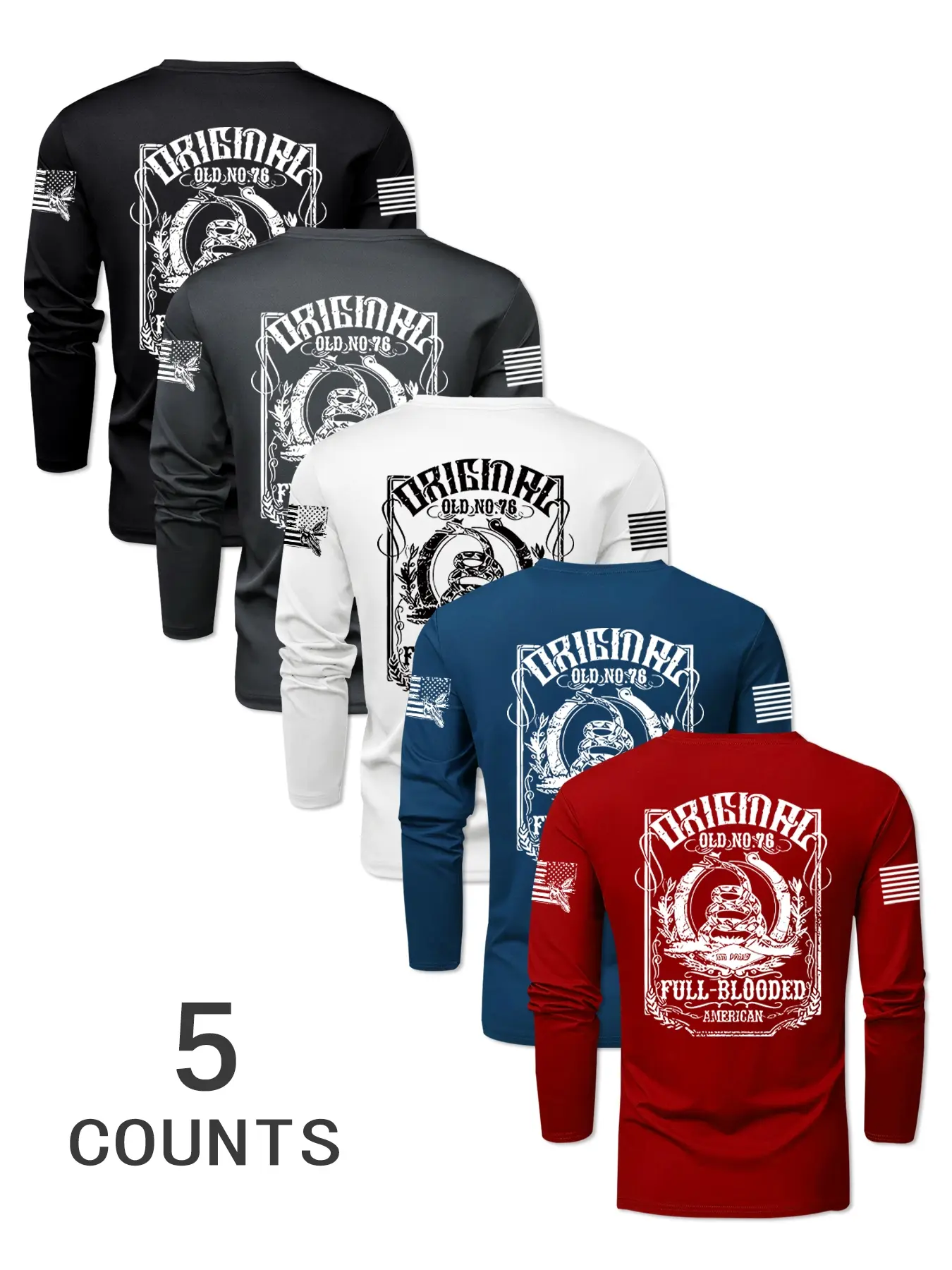 Men's 5-Piece Flag Print Long Sleeve T-Shirt Set, Casual Fitted Breathable Fabric, Ideal for Spring & Fall Outdoor Sports, Athletic Sports Clothing, Athletic Shirts, Breathable Gym Shirts