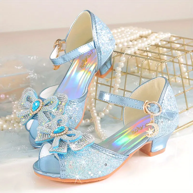 Girls' Princess Crystal Sandals, Decorative PU Leather Block Heels with Rhinestones for Summer Parties, Sparkly Sandals, Fancy Sandals