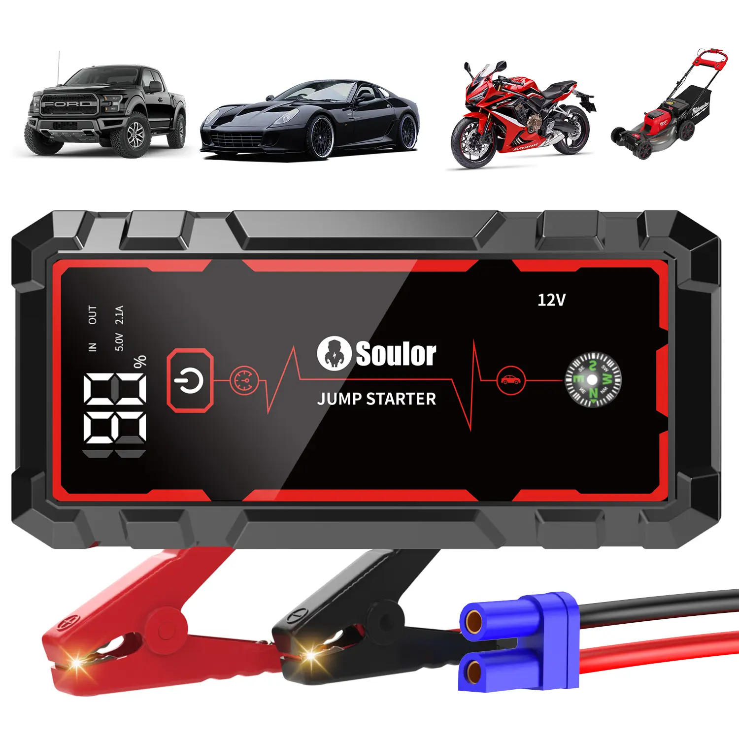 Soulor Jump Starter Battery Pack 8000mAh, Portable Car Battery Booster with LED Emergency Light, USB Charger, LCD Display, for Cars, SUVs, Trucks, Boats & Motorcycles