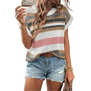 Women's Pink Stripe Color Block Eyelet Knit Short Sleeve Sweater Tee