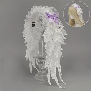 Dark Gothic Lolita Winged Headband - Angel Wings, Lace Bow Accent, Harajuku Kawaii Steampunk Headdress Hair Accessory
