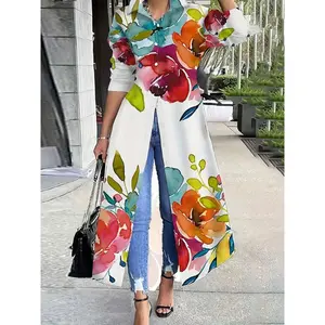 Women's Floral Print Button Front Shirt Dress, Casual Long Sleeve Loose Fit Dress for Spring & Fall, Ladies Clothes for Daily Wear, Womenswear