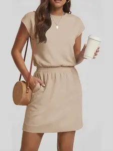 Fisoew Women’s Casual Crewneck T-Shirt Dress – Loose Fit Short Sleeve Mini Dress with Pockets | Summer Basic Lounge Outfit (S-2XL)