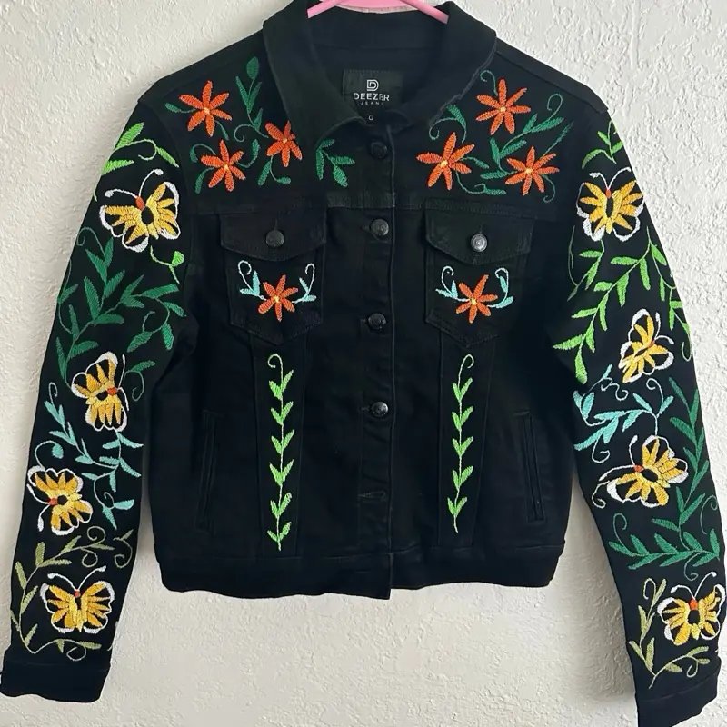 Denim Jacket Otomi Mexican Floral & Butterfly Design Black Denim Jacket with Colorful Embroidery